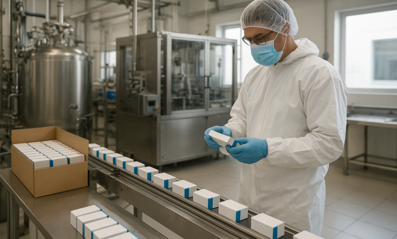Instalação farmacêutica moçambicana com equipamentos industriais e embalagens de medicamentos em ambiente controlado