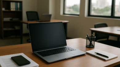 Computador portátil sobre secretária num escritório moçambicano com ambiente de trabalho digital