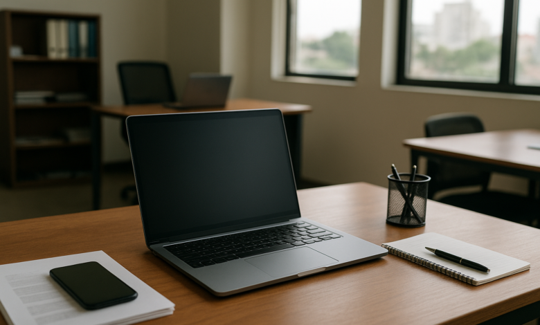 Computador portátil sobre secretária num escritório moçambicano com ambiente de trabalho digital