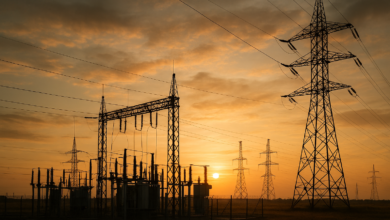 Infraestrutura energética em Moçambique com subestação eléctrica e linhas de transmissão ao entardecer