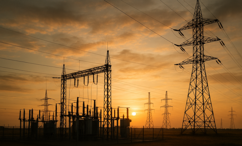 Infraestrutura energética em Moçambique com subestação eléctrica e linhas de transmissão ao entardecer