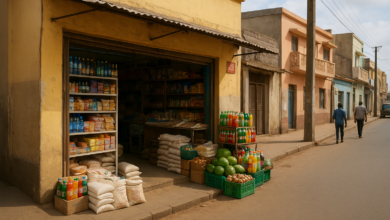 Estabelecimento comercial organizado numa rua urbana de Moçambique durante o horário de funcionamento
