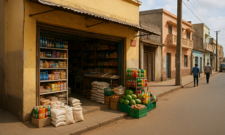 Estabelecimento comercial organizado numa rua urbana de Moçambique durante o horário de funcionamento