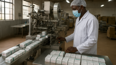 Instalação farmacêutica moçambicana com embalagens de medicamentos em ambiente industrial