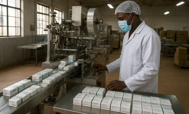 Instalação farmacêutica moçambicana com embalagens de medicamentos em ambiente industrial
