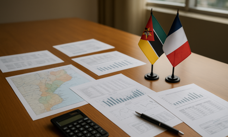 Documentos financeiros sobre mesa de reunião com mapa de Moçambique e bandeiras francesa e moçambicana