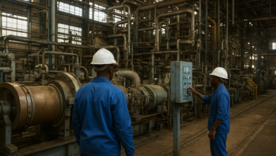 Instalação industrial moçambicana com equipamentos de produção e trabalhadores não identificáveis em ambiente fabril