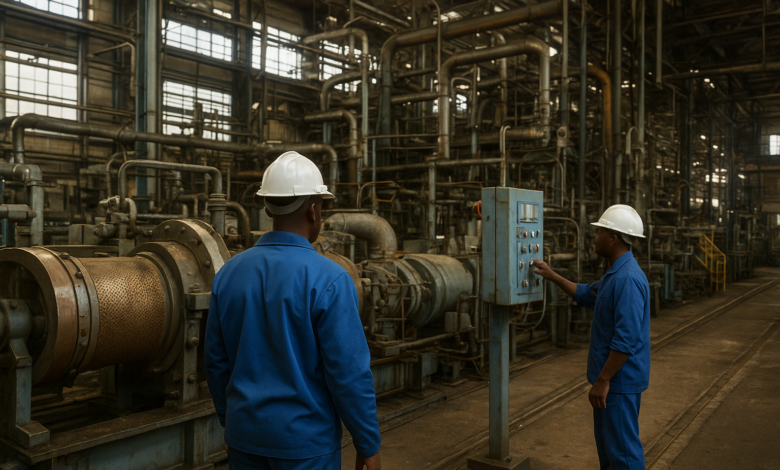 Instalação industrial moçambicana com equipamentos de produção e trabalhadores não identificáveis em ambiente fabril