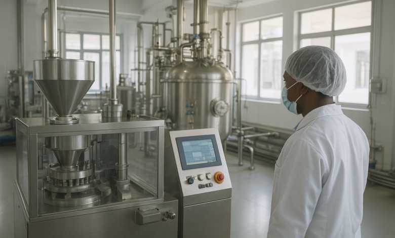 Instalações industriais farmacêuticas modernas com equipamentos de produção de medicamentos em Moçambique