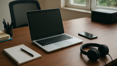 Computador portátil e equipamentos digitais numa mesa de trabalho de empresa moçambicana