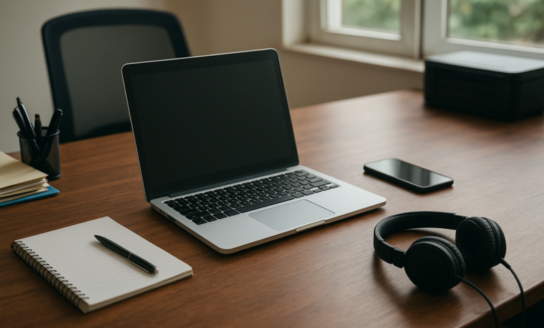 Computador portátil e equipamentos digitais numa mesa de trabalho de empresa moçambicana