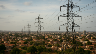 Infra-estrutura eléctrica em Moçambique com linhas de transmissão sobre paisagem urbana