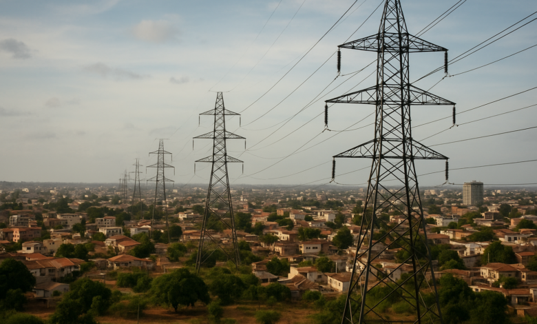 Infra-estrutura eléctrica em Moçambique com linhas de transmissão sobre paisagem urbana