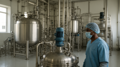 Instalação farmacêutica moçambicana com equipamentos industriais para produção de medicamentos
