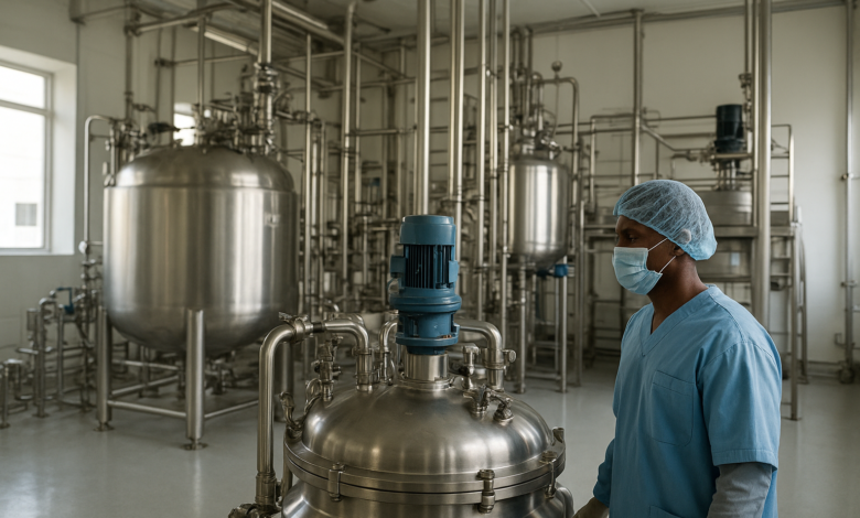 Instalação farmacêutica moçambicana com equipamentos industriais para produção de medicamentos