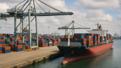 Porto comercial com contentores e navios representando cooperação económica entre Moçambique e China