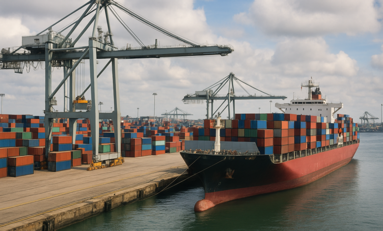 Porto comercial com contentores e navios representando cooperação económica entre Moçambique e China