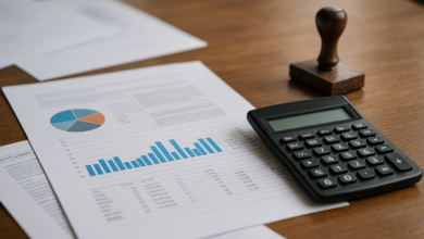 Documentos empresariais sobre mesa de escritório junto a calculadora e carimbo administrativo
