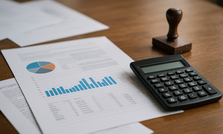 Documentos empresariais sobre mesa de escritório junto a calculadora e carimbo administrativo