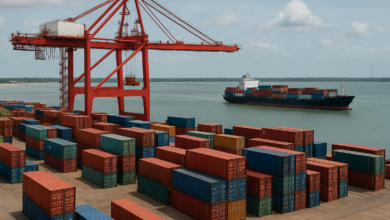 Contentores e gruas num porto moçambicano simbolizando comércio e cooperação económica com a China