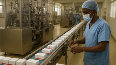 Instalação farmacêutica moçambicana com linhas de produção e embalagens de medicamentos