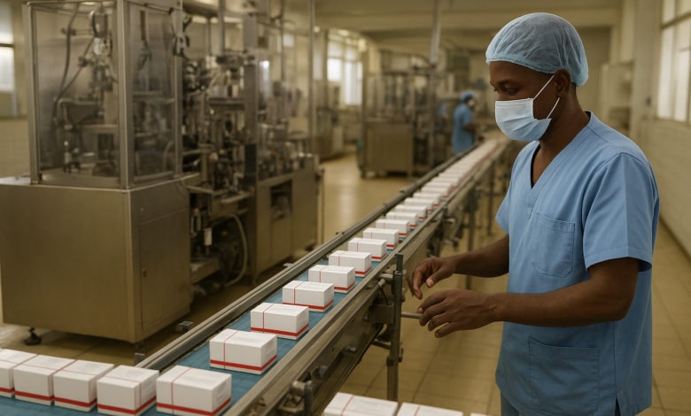 Instalação farmacêutica moçambicana com linhas de produção e embalagens de medicamentos
