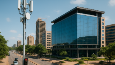 Infraestrutura urbana moçambicana com equipamentos tecnológicos e conectividade em ambiente empresarial
