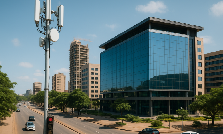 Infraestrutura urbana moçambicana com equipamentos tecnológicos e conectividade em ambiente empresarial