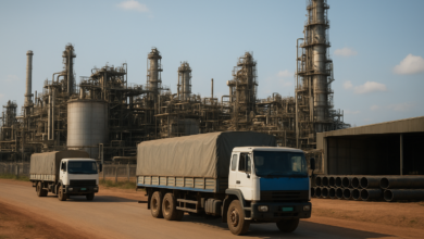 Instalações industriais e camiões de carga numa zona económica de Moçambique