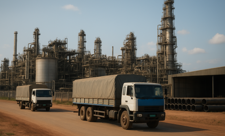 Instalações industriais e camiões de carga numa zona económica de Moçambique