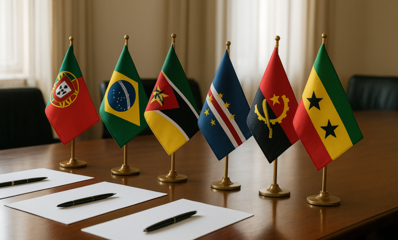 Bandeiras de países lusófonos reunidas numa mesa durante encontro diplomático, em estilo fotojornalístico realista