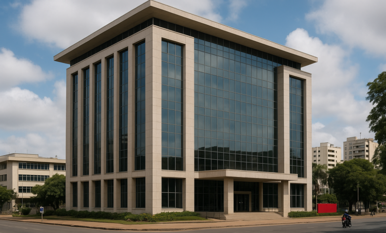 Edifício bancário moderno em Maputo representando o desempenho financeiro do Absa Moçambique