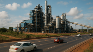 Instalações industriais modernas junto a estrada movimentada em Moçambique, representando investimento e criação de empregos