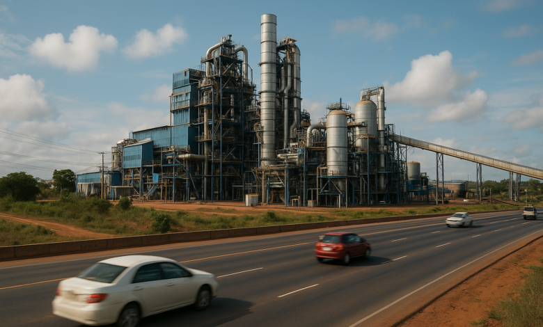 Instalações industriais modernas junto a estrada movimentada em Moçambique, representando investimento e criação de empregos