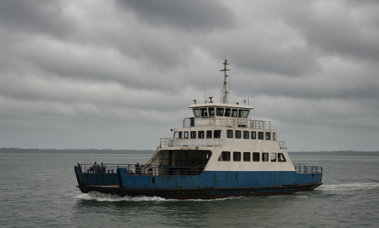 Embarcação de transporte aquático em águas moçambicanas sob céu nublado, estilo fotojornalístico realista