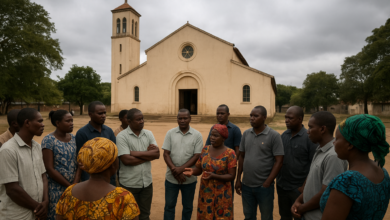 Igreja católica em Moçambique com comunidade reunida no exterior em ambiente de diálogo
