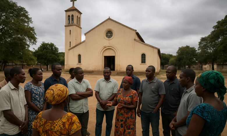 Igreja católica em Moçambique com comunidade reunida no exterior em ambiente de diálogo