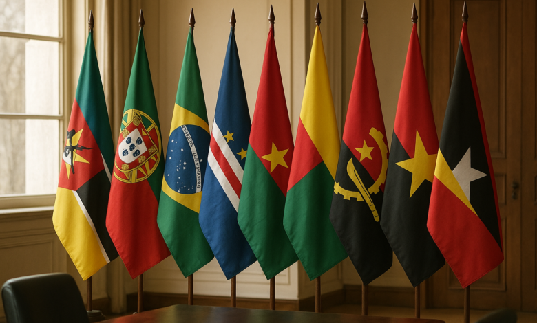 Bandeiras de países lusófonos alinhadas numa reunião diplomática em ambiente institucional