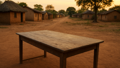 Mesa comunitária vazia numa aldeia de Cabo Delgado ao final da tarde