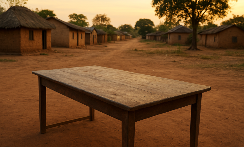 Mesa comunitária vazia numa aldeia de Cabo Delgado ao final da tarde