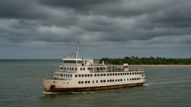 Embarcação de passageiros junto à costa moçambicana sob céu nublado, em ambiente fotojornalístico realista