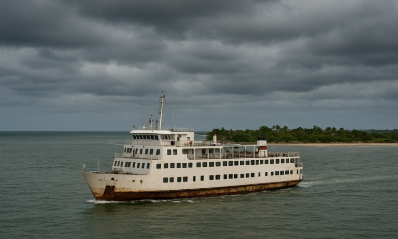 Embarcação de passageiros junto à costa moçambicana sob céu nublado, em ambiente fotojornalístico realista