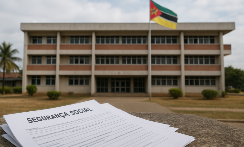 Edifício institucional em Moçambique com documentos administrativos sobre segurança social