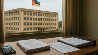 Edifício público moçambicano com documentos administrativos sobre mesa em ambiente institucional