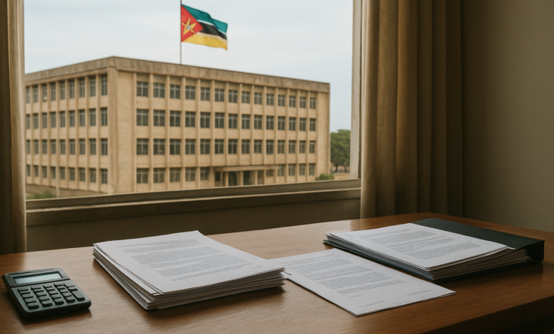 Edifício público moçambicano com documentos administrativos sobre mesa em ambiente institucional