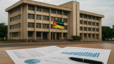 Edifício institucional moçambicano com documentos financeiros sobre uma mesa, em estilo fotojornalístico realista