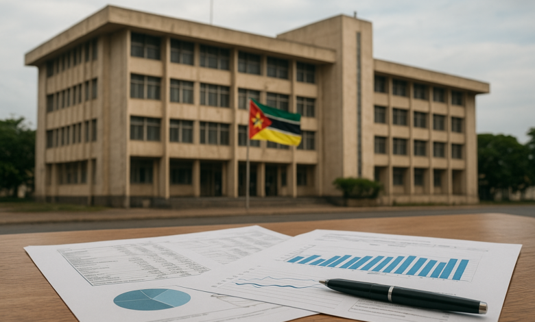 Edifício institucional moçambicano com documentos financeiros sobre uma mesa, em estilo fotojornalístico realista