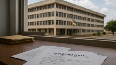 Edifício institucional em Moçambique com documentos administrativos sobre segurança social numa mesa