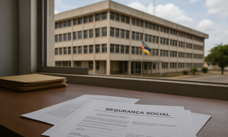 Edifício institucional em Moçambique com documentos administrativos sobre segurança social numa mesa