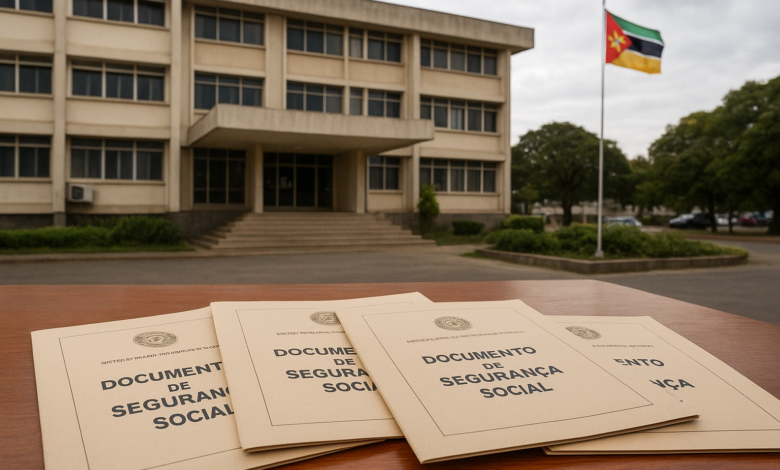 Edifício institucional em Moçambique com documentos de segurança social sobre uma mesa